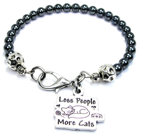 Less People More Cats Hematite Glass Bracelet