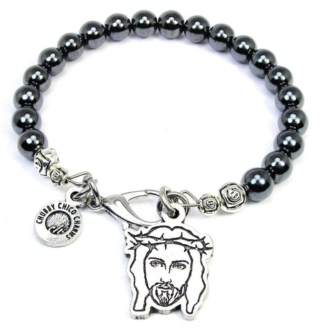 Portrait Of Jesus With Crown Of Thorns Hematite Glass Bracelet