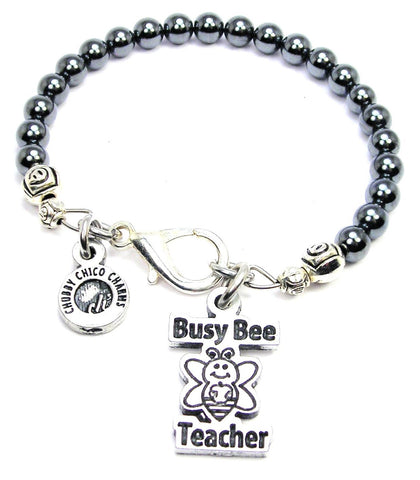 Busy Bee Teacher Hematite Glass Bracelet