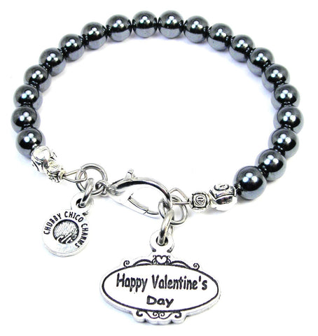 Happy Valentine's Day Oval Scrolled Plaque Hematite Glass Bracelet