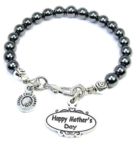 Happy Mother's Day Oval Scrolled Plaque Hematite Glass Bracelet