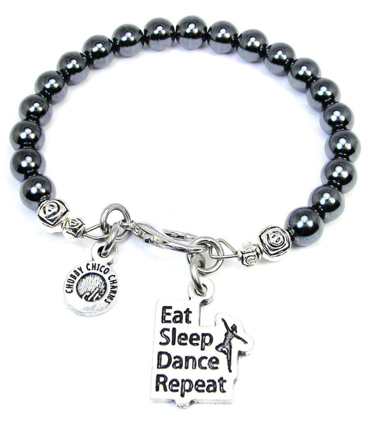 Eat Sleep Dance Repeat Hematite Glass Bracelet