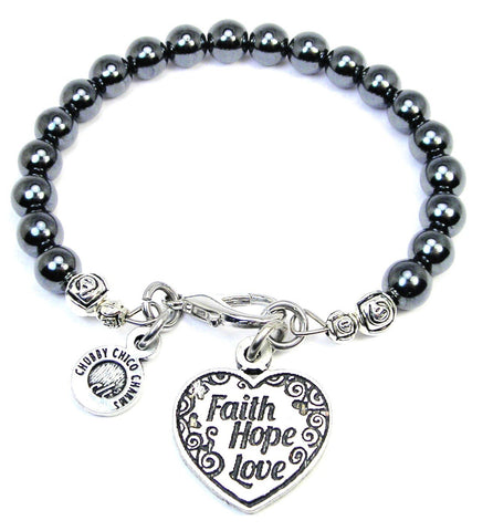 Faith Hope Love Heart Hematite Glass Bracelet