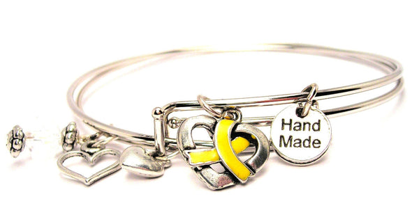 Hand Painted Yellow Awareness Ribbon Wrapped Around A Heart Expandable Bangle Bracelet Set