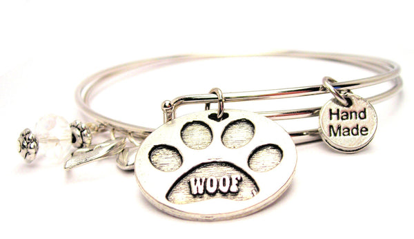 Woof With Paw Print Expandable Bangle Bracelet Set