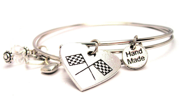 Crossed Race Flags In A Heart Expandable Bangle Bracelet Set