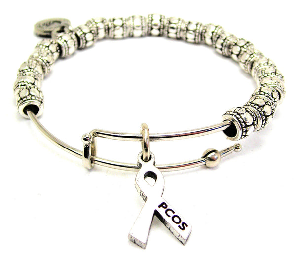 PCOS Awareness Ribbon Metal Beaded Bracelet