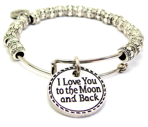I Love You To The Moon And Back Detailed Trim Metal Beaded Bracelet