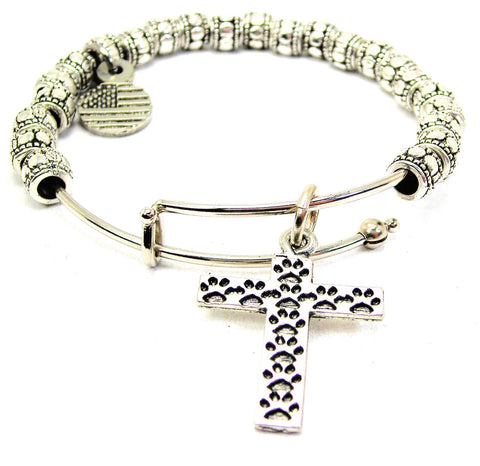 Paw Print Cross Metal Beaded Bracelet