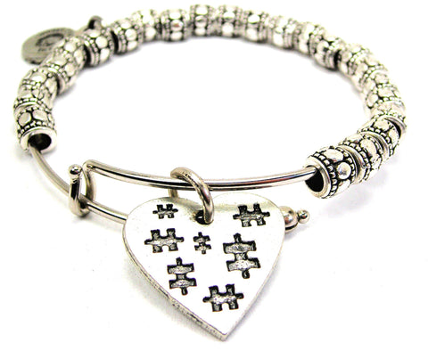 Autism Puzzle Pieces All Over A Heart Metal Beaded Bracelet