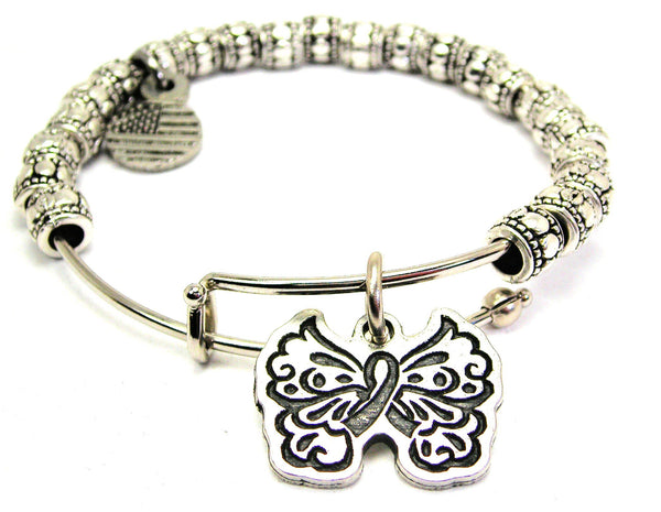 Filigree Butterfly With Hidden Awareness Ribbon Metal Beaded Bracelet