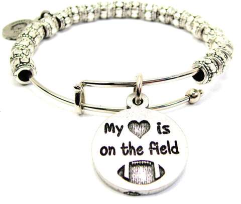 My Heart Is On The Field With Football Metal Beaded Bracelet