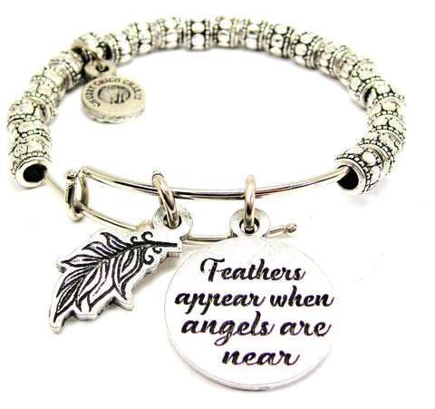 Feathers Appear When Angels Are  Near With Angel Feather Metal Beaded Bracelet