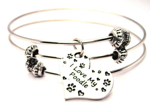 I Love My Poodle Heart Triple Style Expandable Bangle Bracelet