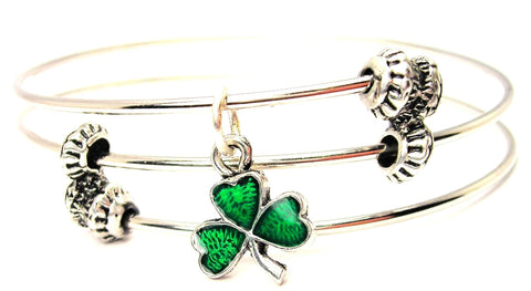 Hand Painted Green Irish Shamrock Triple Style Expandable Bangle Bracelet