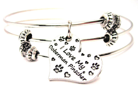 I Love My Doberman Pinscher Heart Triple Style Expandable Bangle Bracelet