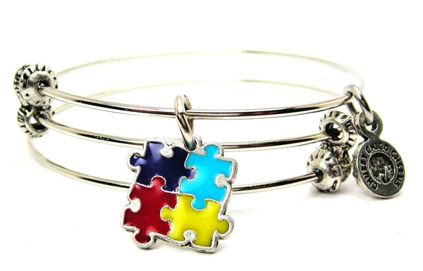 Autism Puzzle Pieces Hand Painted Triple Style Expandable Bangle Bracelet