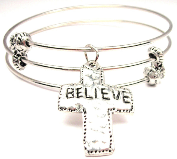 Believe Cross Triple Style Expandable Bangle Bracelet