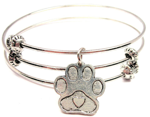 Center Heart Paw Print Triple Style Expandable Bangle Bracelet