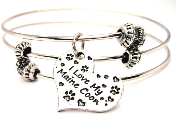 I Love My Maine Coon Cat Heart Triple Style Expandable Bangle Bracelet