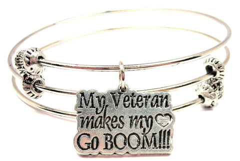 My Veteran Makes My Heart Go Boom Triple Style Expandable Bangle Bracelet