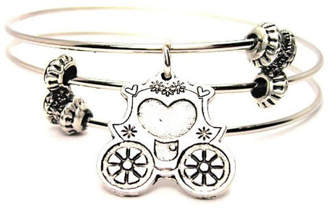 Princess Carriage With Hearts And Flowers Triple Style Expandable Bangle Bracelet