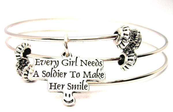 Every Girl Needs A Soldier To Make Her Smile Triple Style Expandable Bangle Bracelet