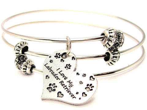 I Love My Labrador Retriever Heart Triple Style Expandable Bangle Bracelet