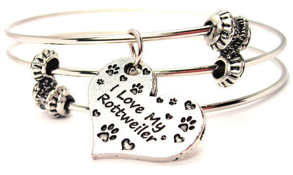 I Love My Rottweiler Heart Triple Style Expandable Bangle Bracelet