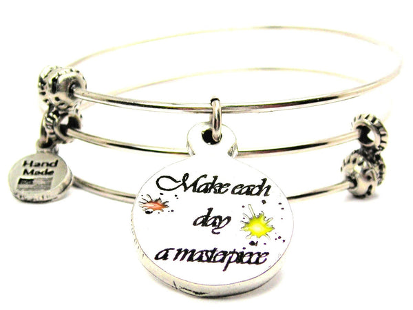 Hand Painted Make Each Day A Masterpiece Triple Style Expandable Bangle Bracelet