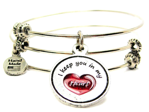 Hand Painted Red I Keep You In My Heart Triple Style Expandable Bangle Bracelet
