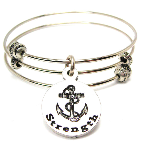 Strength With Anchor Triple Style Expandable Bangle Bracelet