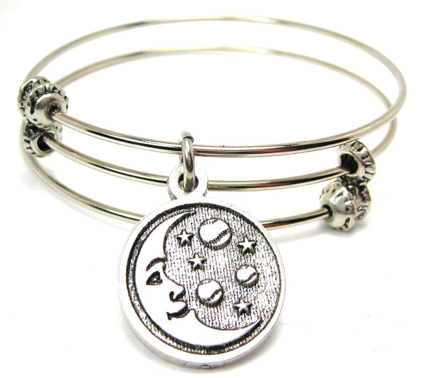 Baseball Moon And Stars Triple Style Expandable Bangle Bracelet