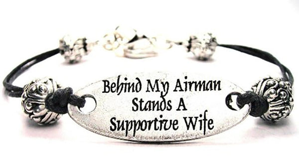 Behind My Airman Stands A Supportive Wife Black Cord Connector Bracelet