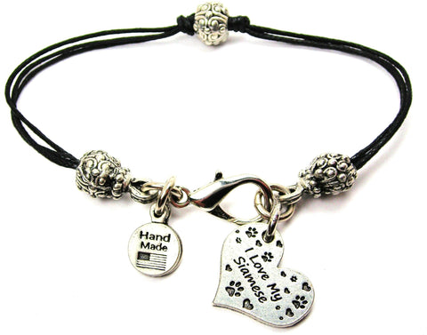 I Love My Siamese Heart Beaded Black Cord Bracelet