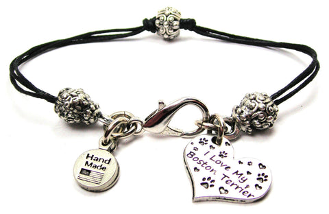 I Love My Boston Terrier Heart Beaded Black Cord Bracelet