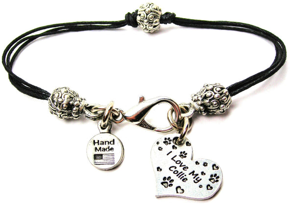 I Love My Collie Heart Beaded Black Cord Bracelet