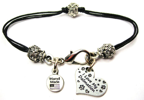 I Love My Dalmatian Heart Beaded Black Cord Bracelet