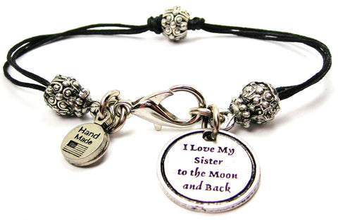 I Love My Sister To The Moon And Back Beaded Black Cord Bracelet