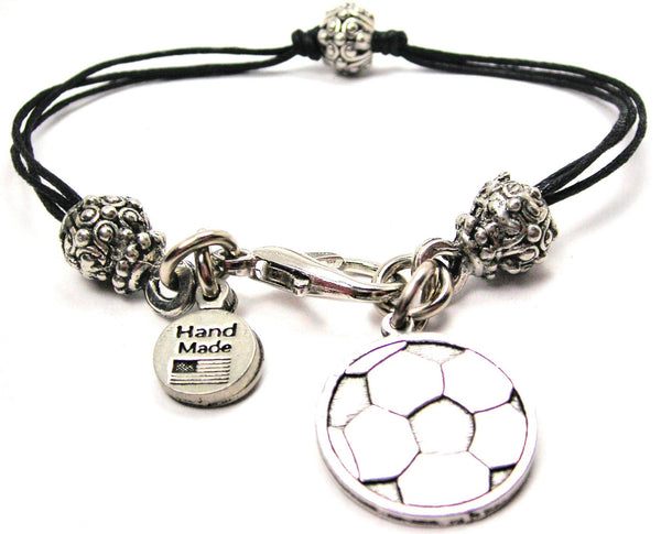 Engraved Soccer Ball Beaded Black Cord Bracelet