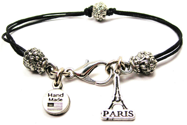 Paris With Eiffel Tower Beaded Black Cord Bracelet