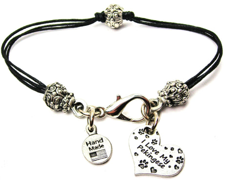 I Love My Pekingese Heart Beaded Black Cord Bracelet