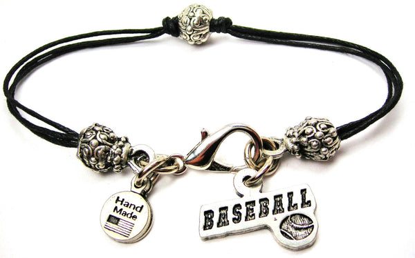 Baseball Tab With Baseball Beaded Black Cord Bracelet