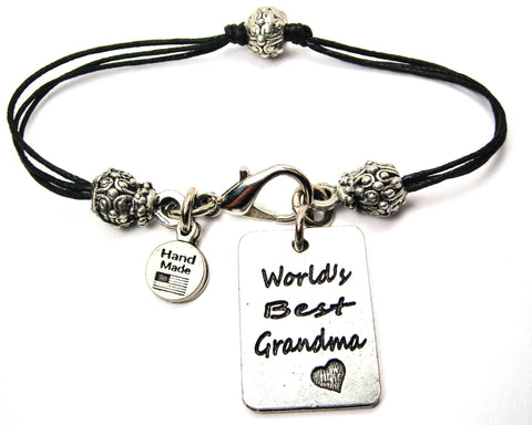 World's Best Grandma Dog Tag Beaded Black Cord Bracelet