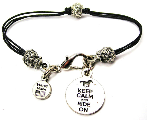 Keep Calm And Ride On Circle Beaded Black Cord Bracelet