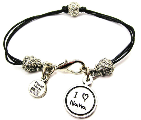 I Love Nana Child Handwriting Beaded Black Cord Bracelet