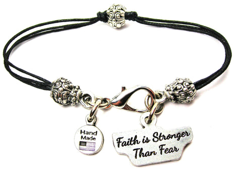 Faith Is Stronger Than Fear Beaded Black Cord Bracelet