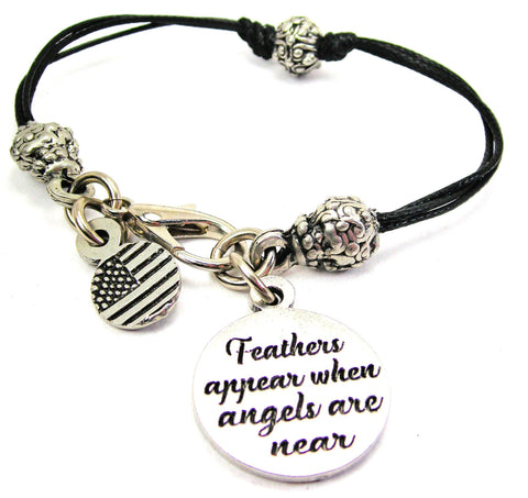 Feathers Appear When Angels Are Near Beaded Black Cord Bracelet