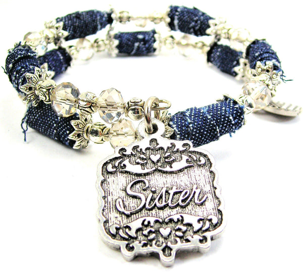 Sister Victorian Scroll Blue Jean Beaded Wrap Bracelet