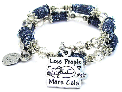 Less People More Cats Blue Jean Beaded Wrap Bracelet